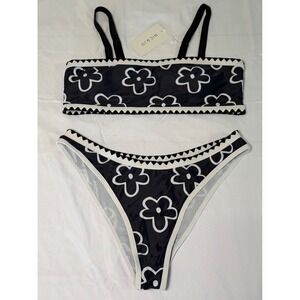 NIC&JO Floral Bandeau High Cut Bikini Set Black White Large Retro Swimwear NWT